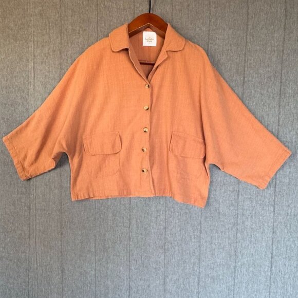 The Lullaby Club Bat Wing Dolman Sleeve Button Up Oversized Top in Clay Size XS - Picture 8 of 10
